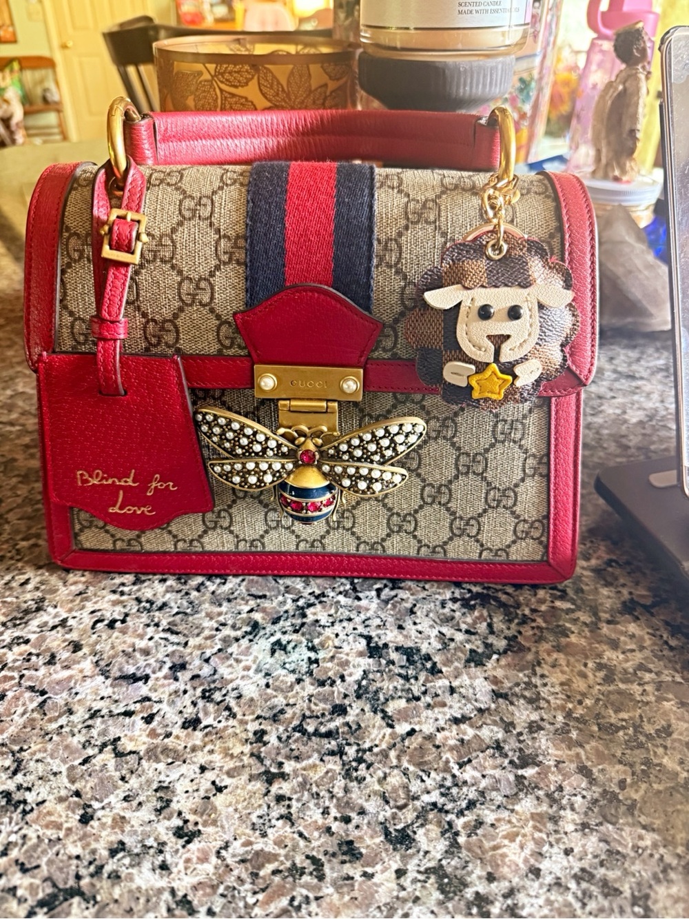 Gucci Beige GG Supreme Canvas Shoulder Bag with Red Trim and Navy-Red Stripe